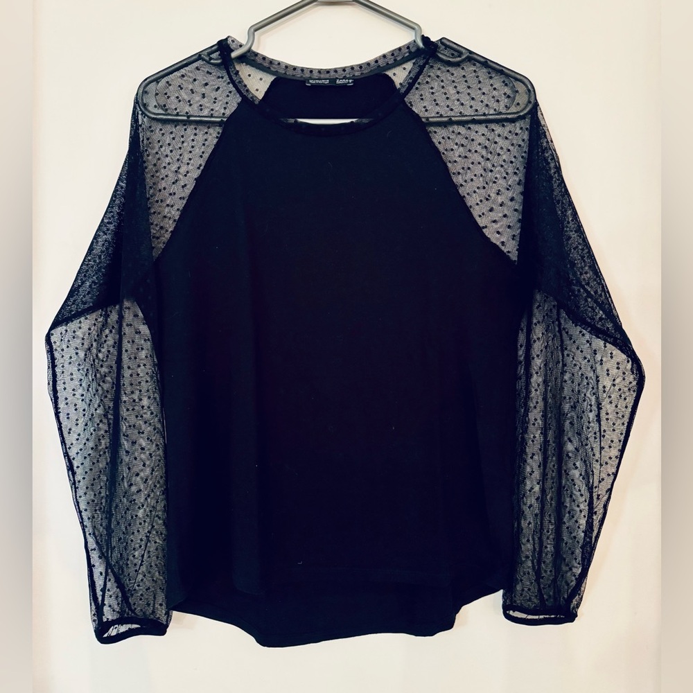 Zara Dotted Sheer Mesh Long sleeve Raglan Baseball Shirt T-shirt plumetis
